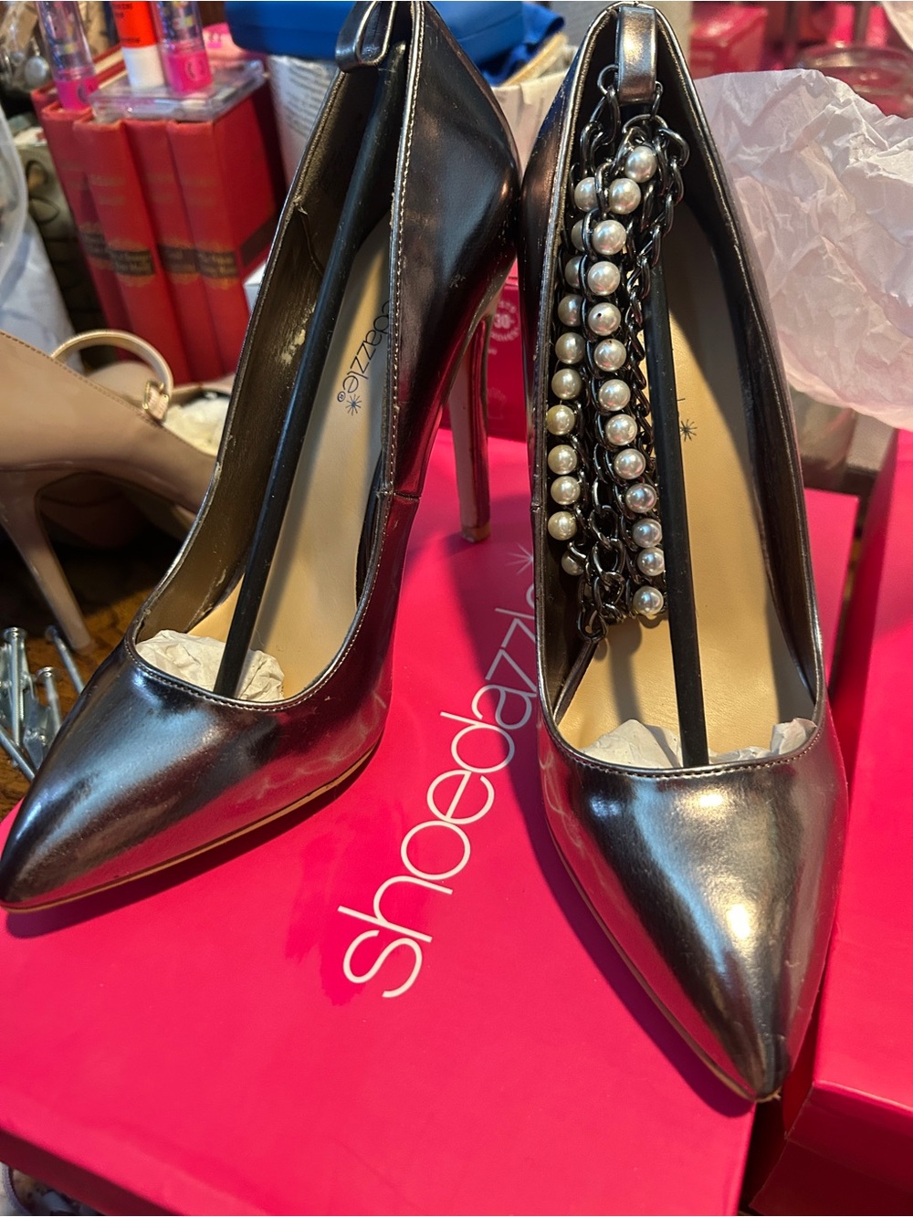 Shoe Dazzle Metallic Gunmetal Pointed-Toe Stiletto Pumps